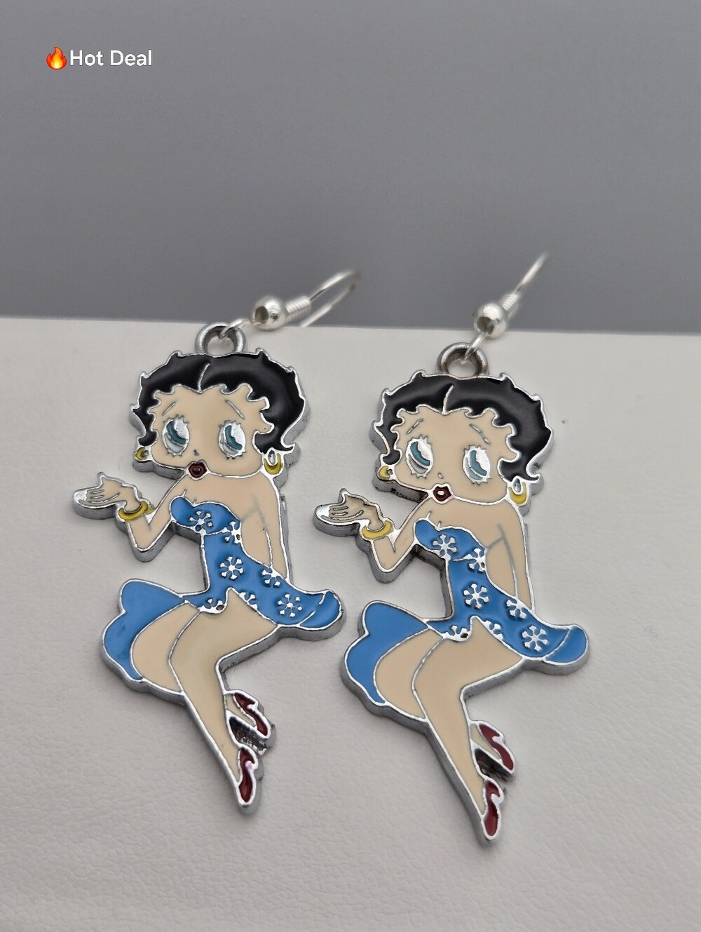 Betty Boop Blue Dress Enamel Dangle Earrings Silver Tone 2.25"